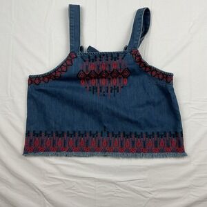 Blanknyc Womens Denim Embroidered Tank Top Size L Boho Festival Fringe Hem